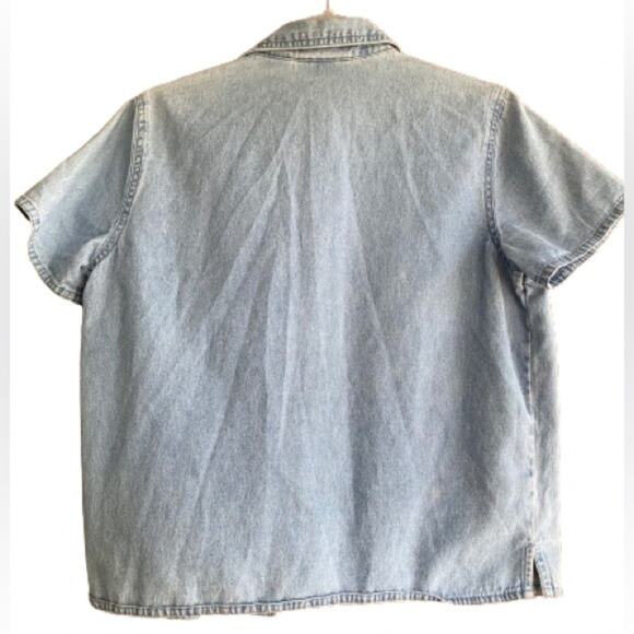 Vintage Lemon Grass Embroidered Short Sleeve Denim Button Up Raised Flower Plaid - Picture 2 of 9